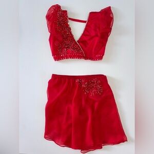 Custom red lyrical costume, medium adult. Fully rhinestoned.
